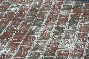 A winter brick walkway covered with ice melt