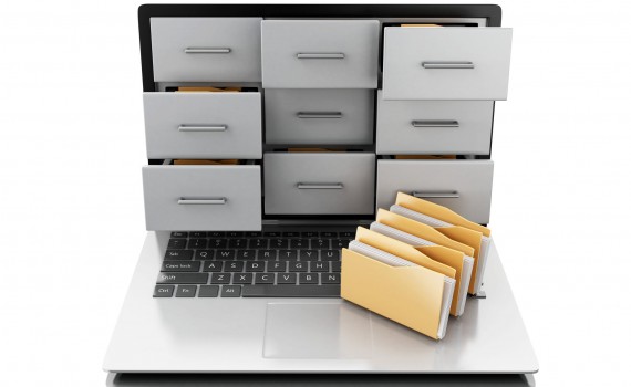3d renderer image. Files and folders in laptop. Archive concept. Isolated white background.