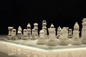 chess board with glass pieces